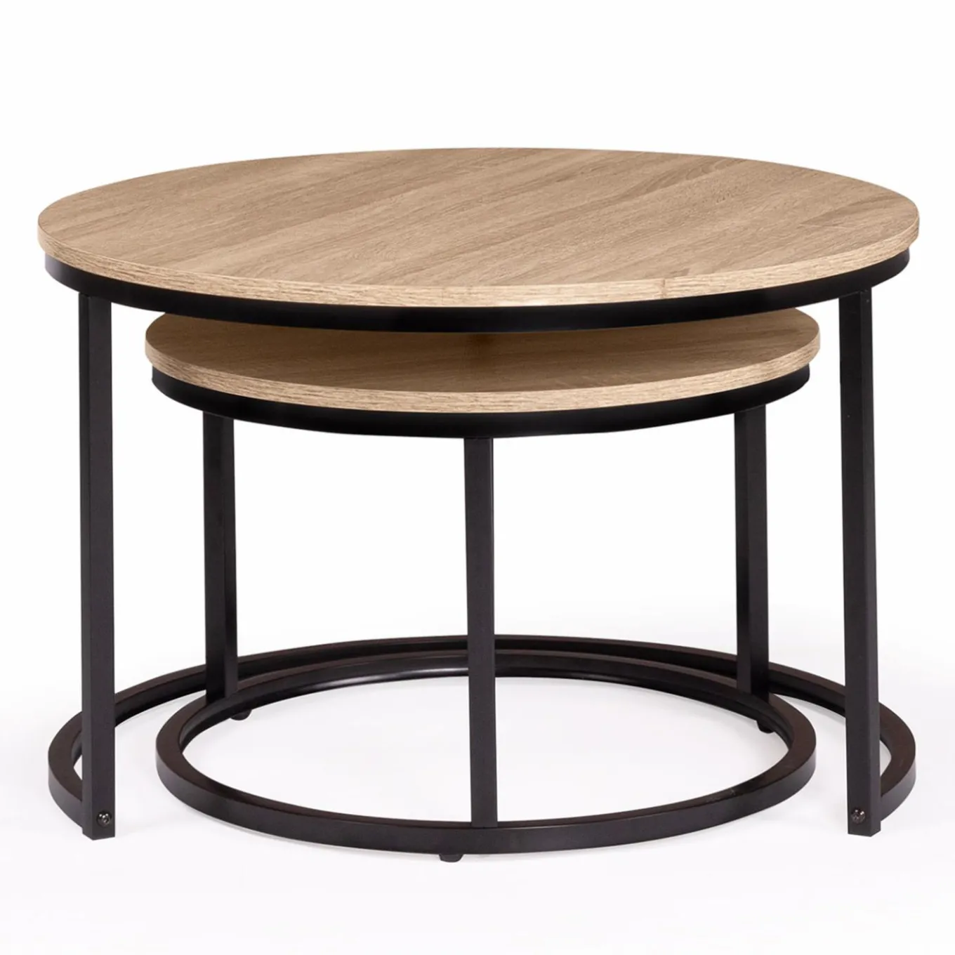 IDMarket Lot 2 tables basses gigognes rondes bois métal industrielles* Meubles Bas|Collection Industrielle