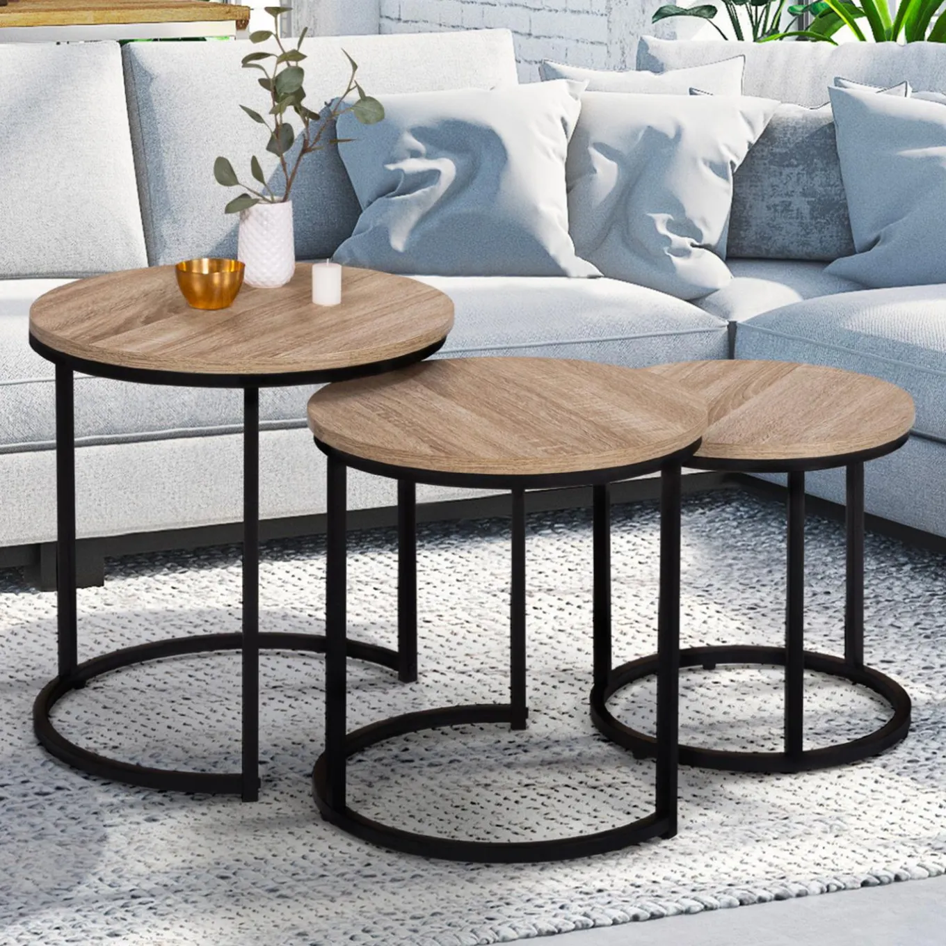 IDMarket Lot 3 tables basses gigognes rondes bois métal industrielles 35/40/45 cm* Collection Industrielle|Salon Complet