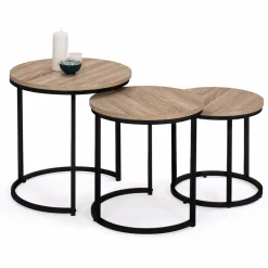 IDMarket Lot 3 tables basses gigognes rondes bois métal industrielles 35/40/45 cm* Collection Industrielle|Salon Complet