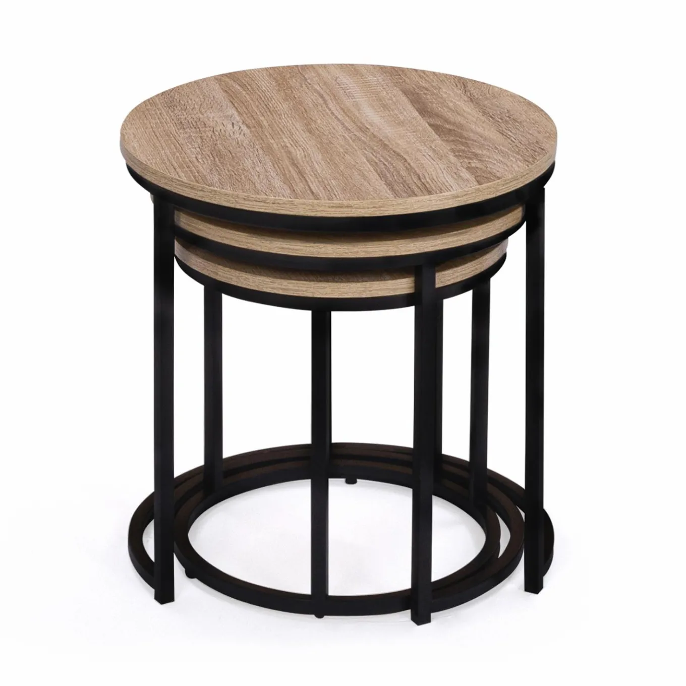 IDMarket Lot 3 tables basses gigognes rondes bois métal industrielles 35/40/45 cm* Collection Industrielle|Salon Complet