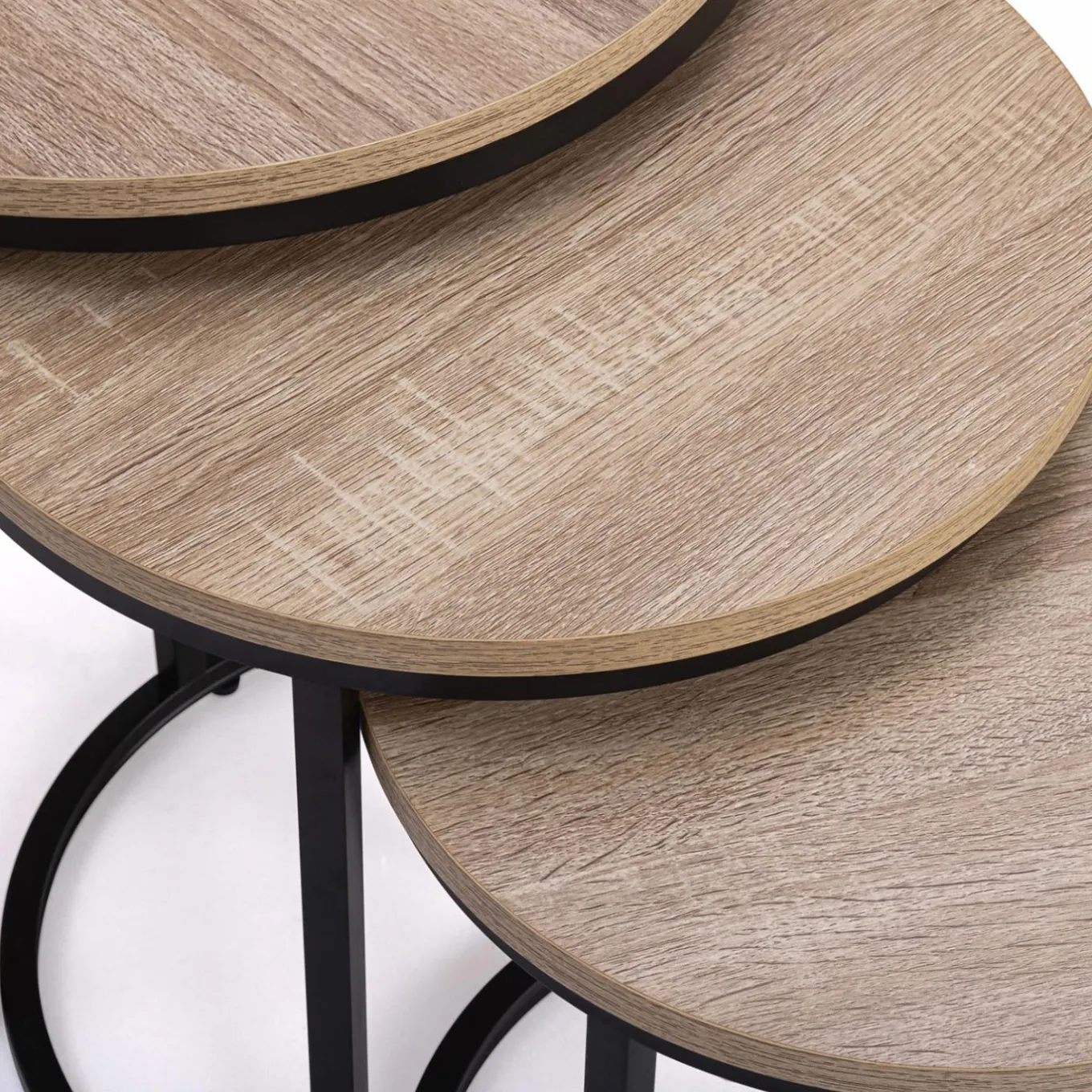 IDMarket Lot 3 tables basses gigognes rondes bois métal industrielles 35/40/45 cm* Collection Industrielle|Salon Complet