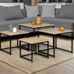 IDMarket Lot 4 tables basses gigognes bois métal industrielles 35/40/45/50 cm* Collection Industrielle|Salon Complet