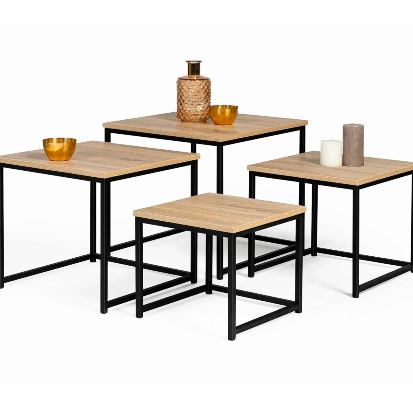 IDMarket Lot 4 tables basses gigognes bois métal industrielles 35/40/45/50 cm* Collection Industrielle|Salon Complet