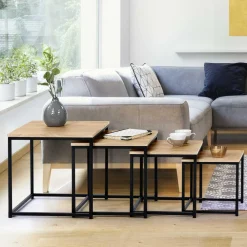 IDMarket Lot 4 tables basses gigognes bois métal industrielles 35/40/45/50 cm* Collection Industrielle|Salon Complet