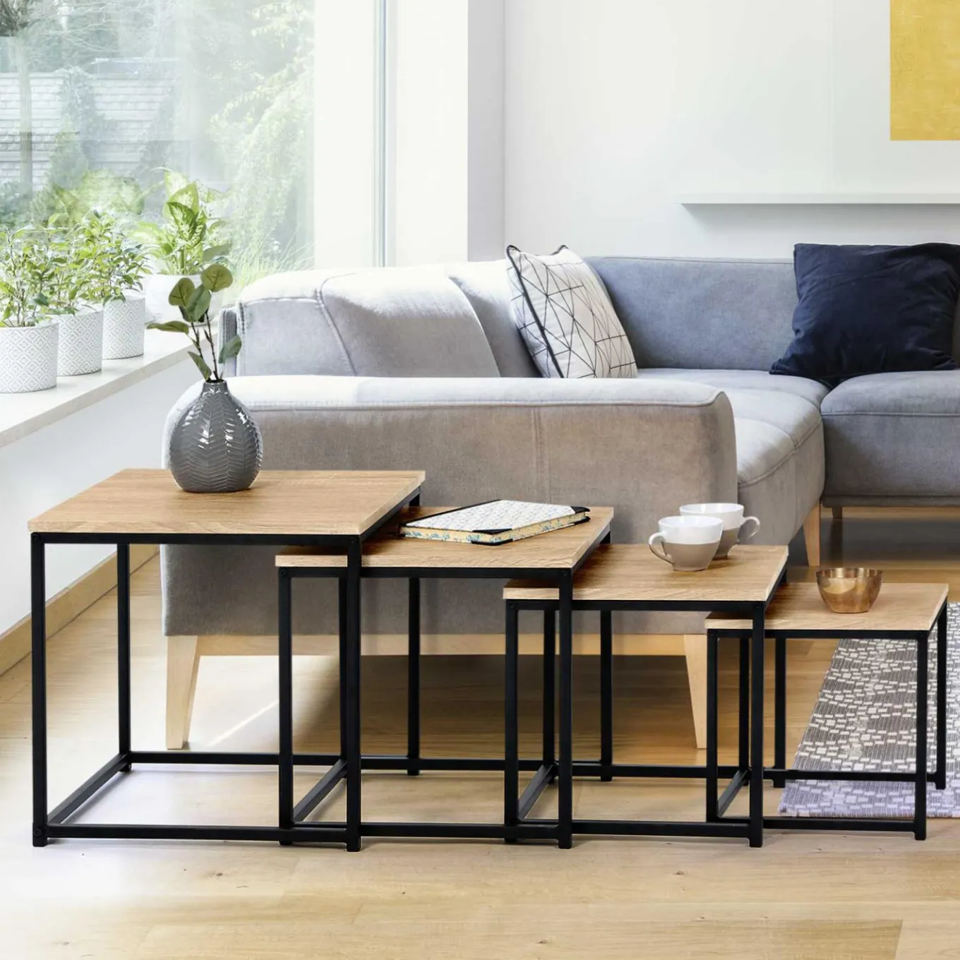 IDMarket Lot 4 tables basses gigognes bois métal industrielles 35/40/45/50 cm* Collection Industrielle|Salon Complet