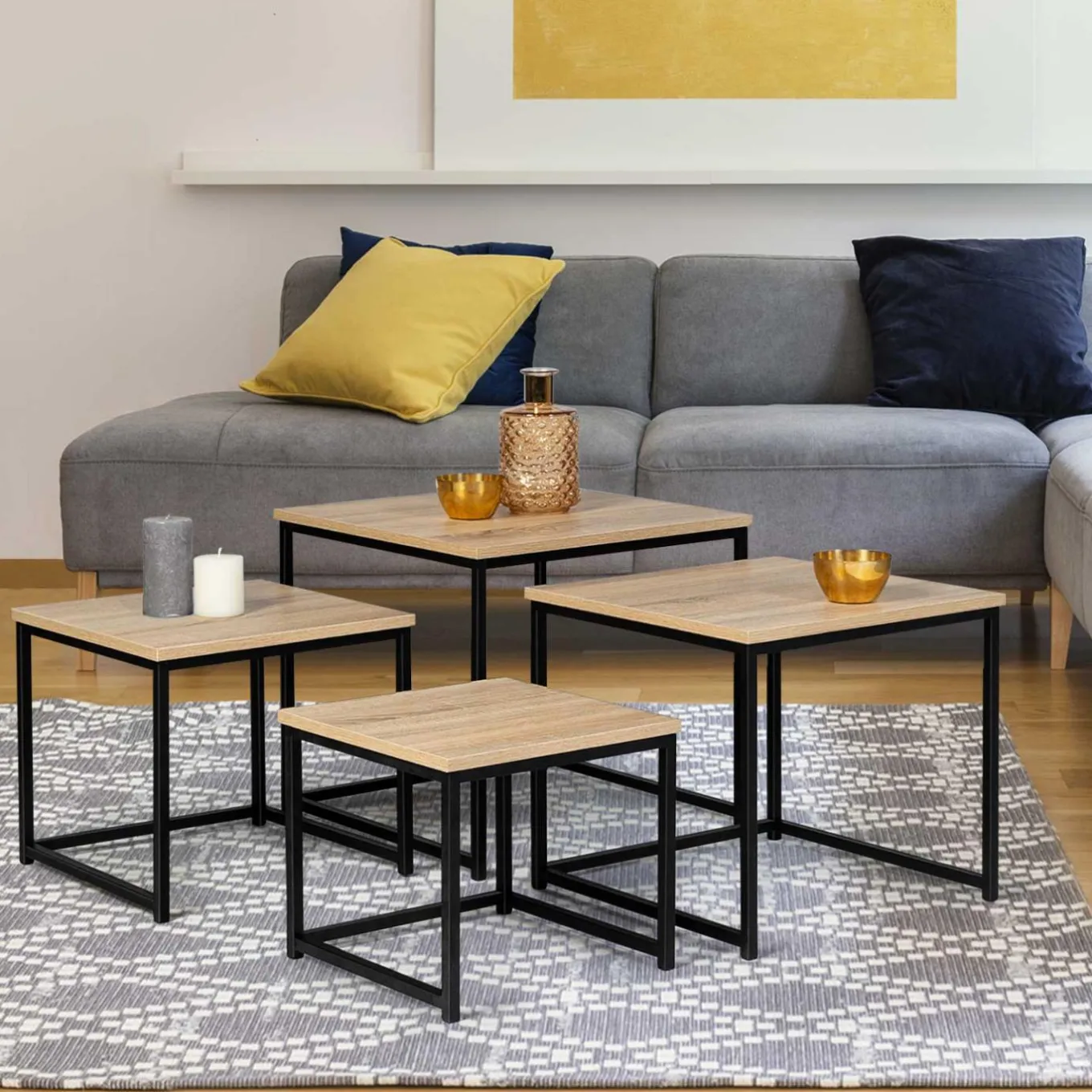 IDMarket Lot 4 tables basses gigognes bois métal industrielles 35/40/45/50 cm* Collection Industrielle|Salon Complet