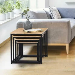 IDMarket Lot 4 tables basses gigognes bois métal industrielles 35/40/45/50 cm* Collection Industrielle|Salon Complet