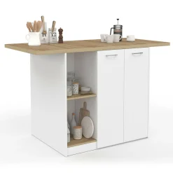 IDMarket Îlot central bois blanc avec plan de travail façon hêtre 140 cm 4 personnes avec rangement* Meubles Hauts|Meubles En Bois