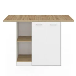 IDMarket Îlot central bois blanc avec plan de travail façon hêtre 140 cm 4 personnes avec rangement* Meubles Hauts|Meubles En Bois