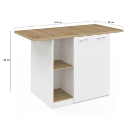 IDMarket Îlot central bois blanc avec plan de travail façon hêtre 140 cm 4 personnes avec rangement* Meubles Hauts|Meubles En Bois