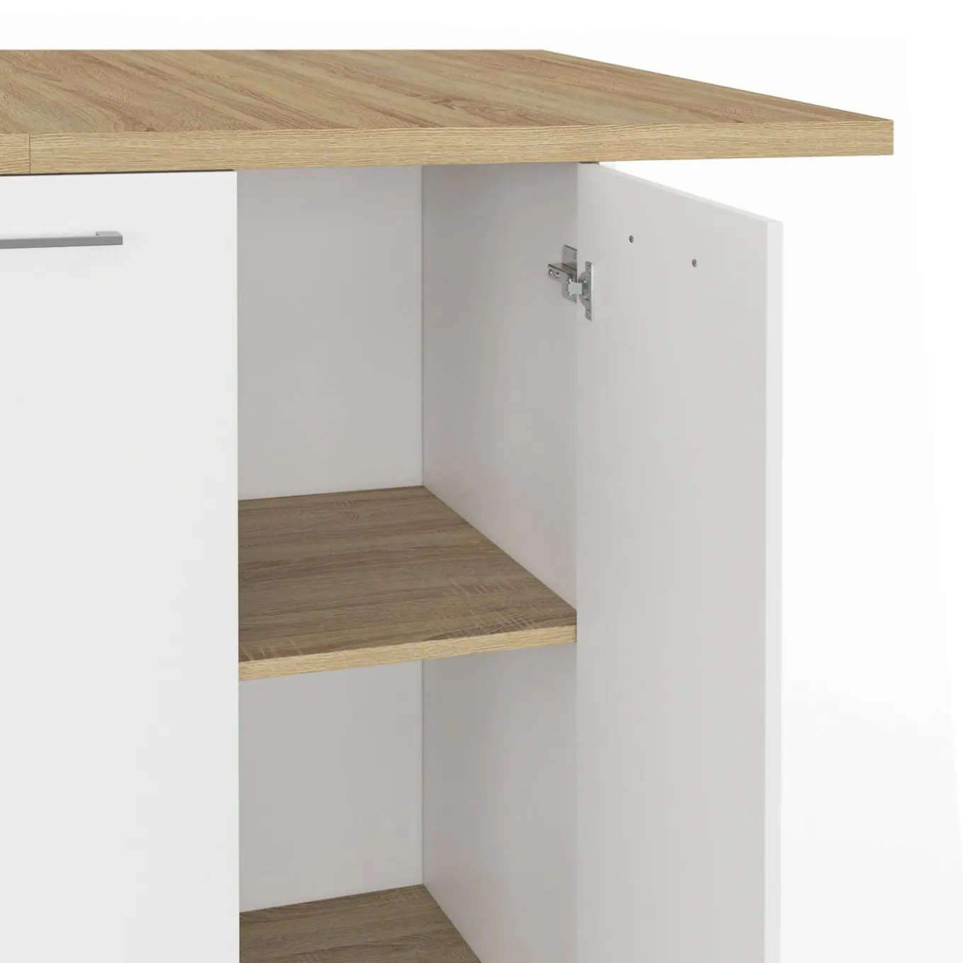 IDMarket Îlot central bois blanc avec plan de travail façon hêtre 140 cm 4 personnes avec rangement* Meubles Hauts|Meubles En Bois