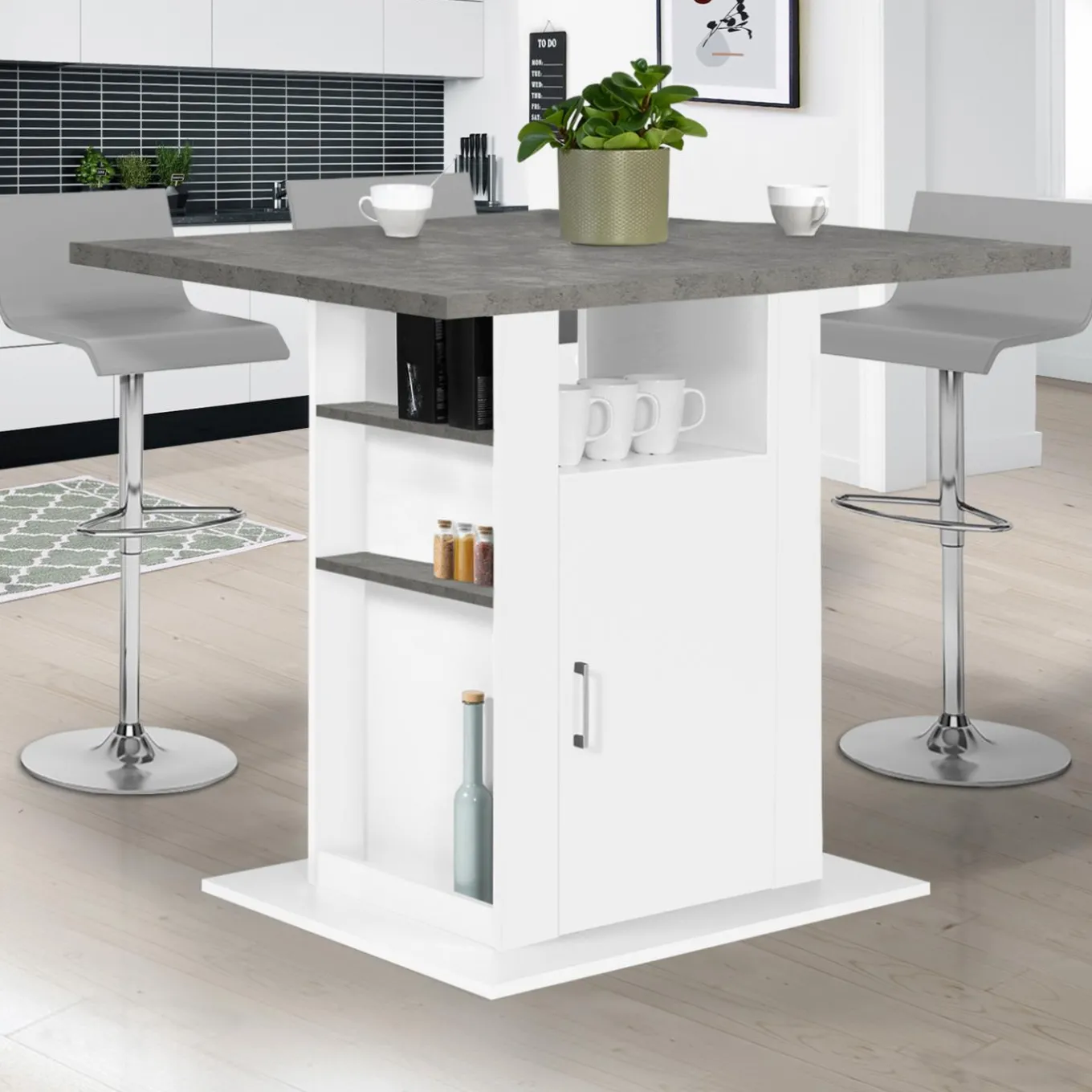IDMarket Îlot central cuisine plateau effet béton et bois blanc 110 cm* Meubles Blancs|Collection Design
