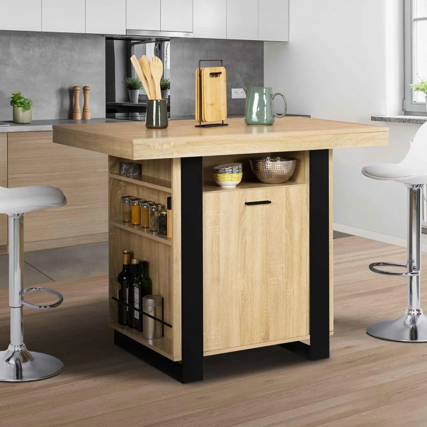 IDMarket Îlot central industriel bois noir et imitation hêtre 110 cm* Meubles Hauts|Meubles En Bois