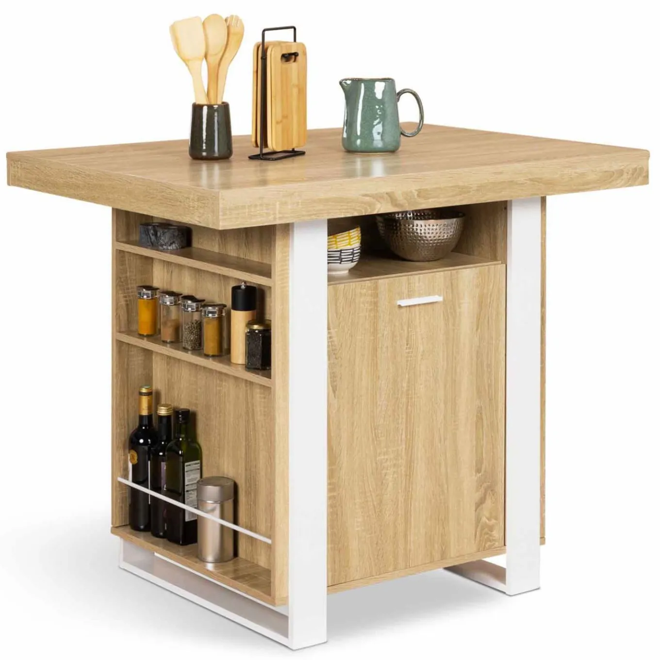 IDMarket Îlot central industriel bois blanc et imitation hêtre 110 cm* Collection Design|Collection Moderne