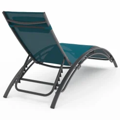 IDMarket Lot de 2 bains de soleil inclinables avec coussin acier gris et toile bleu canard* Bains De Soleil|Fauteuils De Jardin