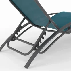 IDMarket Lot de 2 bains de soleil inclinables avec coussin acier gris et toile bleu canard* Bains De Soleil|Fauteuils De Jardin