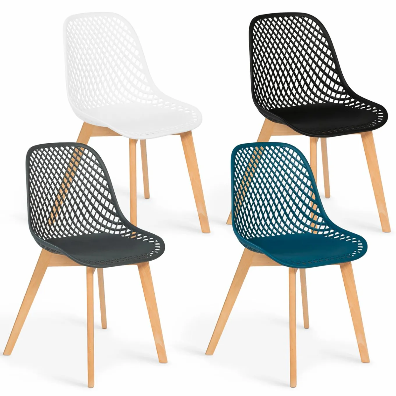 IDMarket Lot de 4 chaises ajourées dépareillées design* Collection Scandinave|Salle À Manger Complète