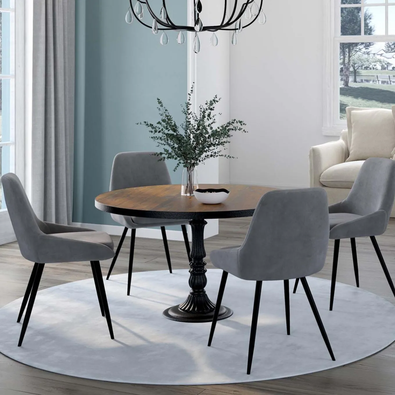 IDMarket Lot de 4 chaises avec accoudoirs en velours gris clair* Collection Vintage|Salle À Manger Complète