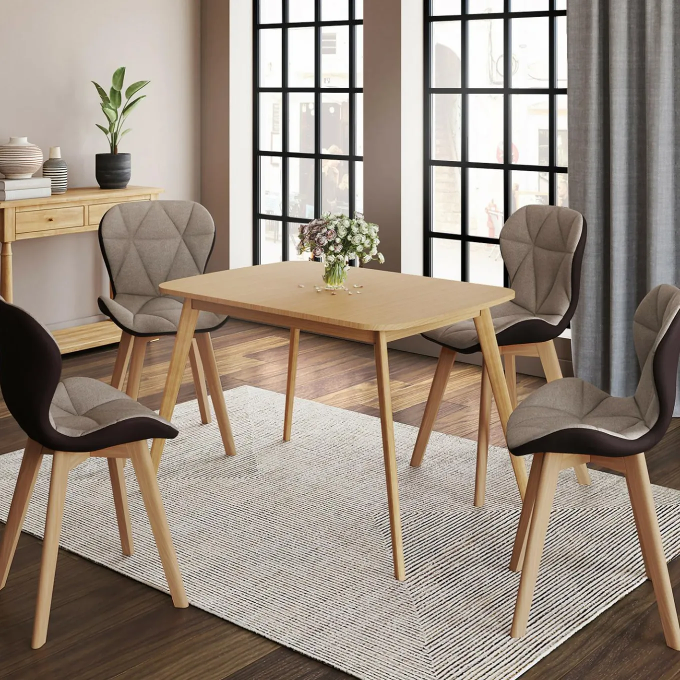 IDMarket Lot de 4 chaises bi-matière en tissu et PU marron et taupe pour salle à manger* Collection Scandinave|Chaises