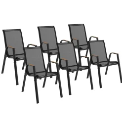 IDMarket Lot de 6 chaises de jardin métal et textilène noir et bois* Salons De Jardin