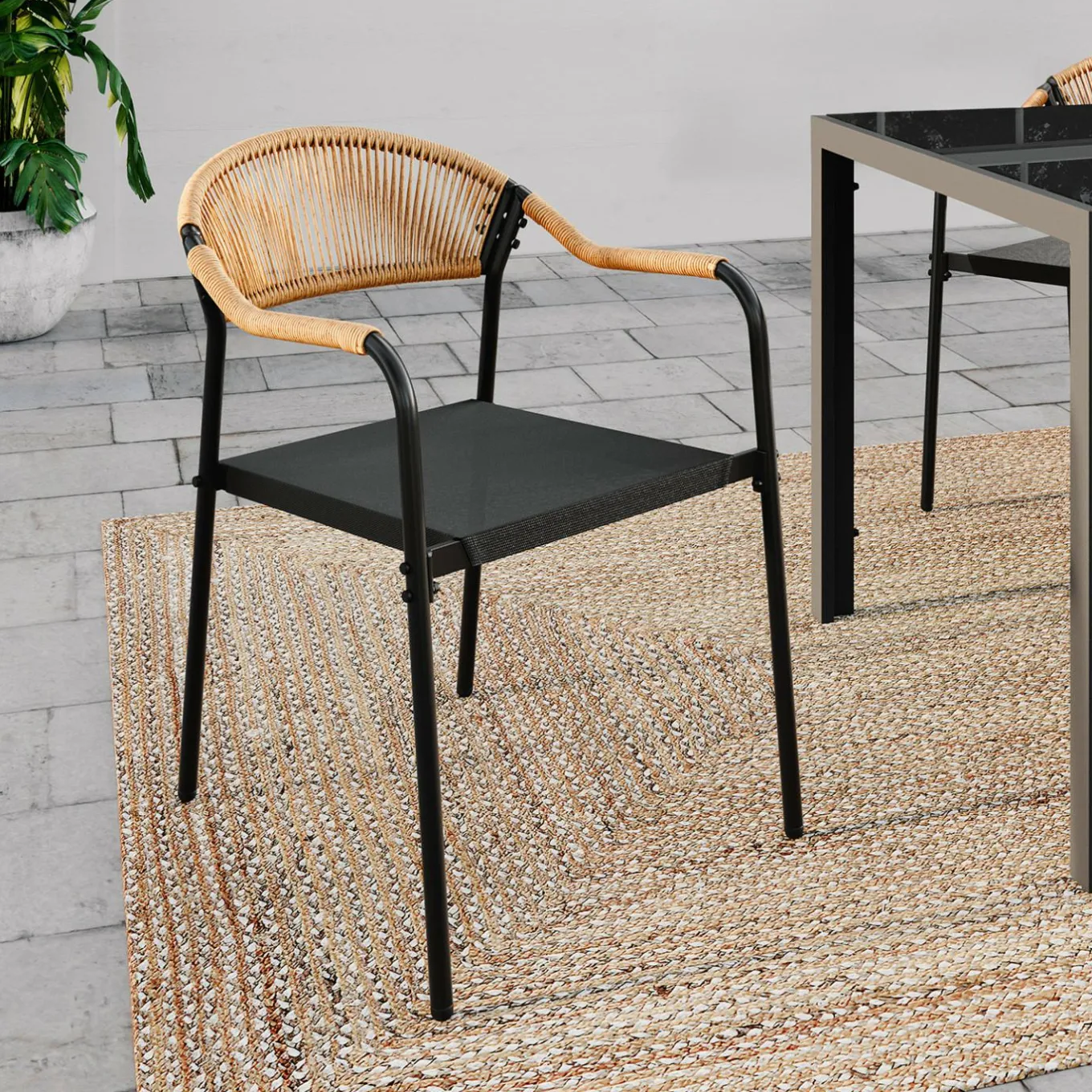 IDMarket Lot de 4 chaises de jardin extérieures en métal, en cordage, en textilène et rotin clair* Salons De Jardin