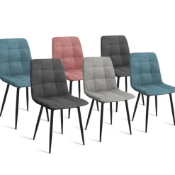 IDMarket Lot de 6 chaises en velours couleur pastel bleu, rose et gris matelassées* Collection Vintage|Collection Moderne