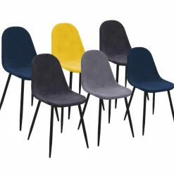 IDMarket Lot de 6 chaises en velours mix color bleu x2, jaune, gris clair et gris foncé x2* Chaises|Tables Et Chaises