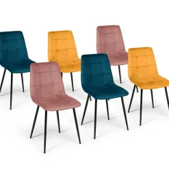 IDMarket Lot de 6 chaises en velours mix color bleu x2, jaune ocre x2, rose x2* Collection Vintage|Collection Moderne
