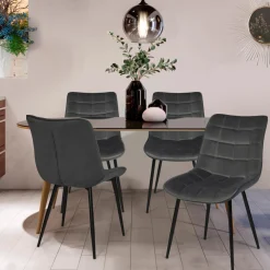 IDMarket Lot de 4 chaises en velours gris matelassé* Collection Vintage|Collection Moderne