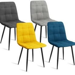IDMarket Lot de 4 chaises en velours bleu, jaune, gris clair et gris foncé matelassé* Collection Vintage|Collection Moderne