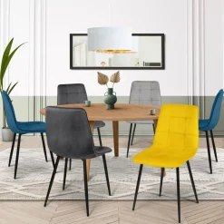 IDMarket Lot de 6 chaises en velours bleu x2, jaune, gris clair et gris foncé x2 matelassé* Collection Vintage|Collection Moderne