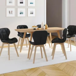 IDMarket Lot de 6 chaises modernes en PU noir pieds en bois pour salle à manger* Collection Scandinave|Chaises