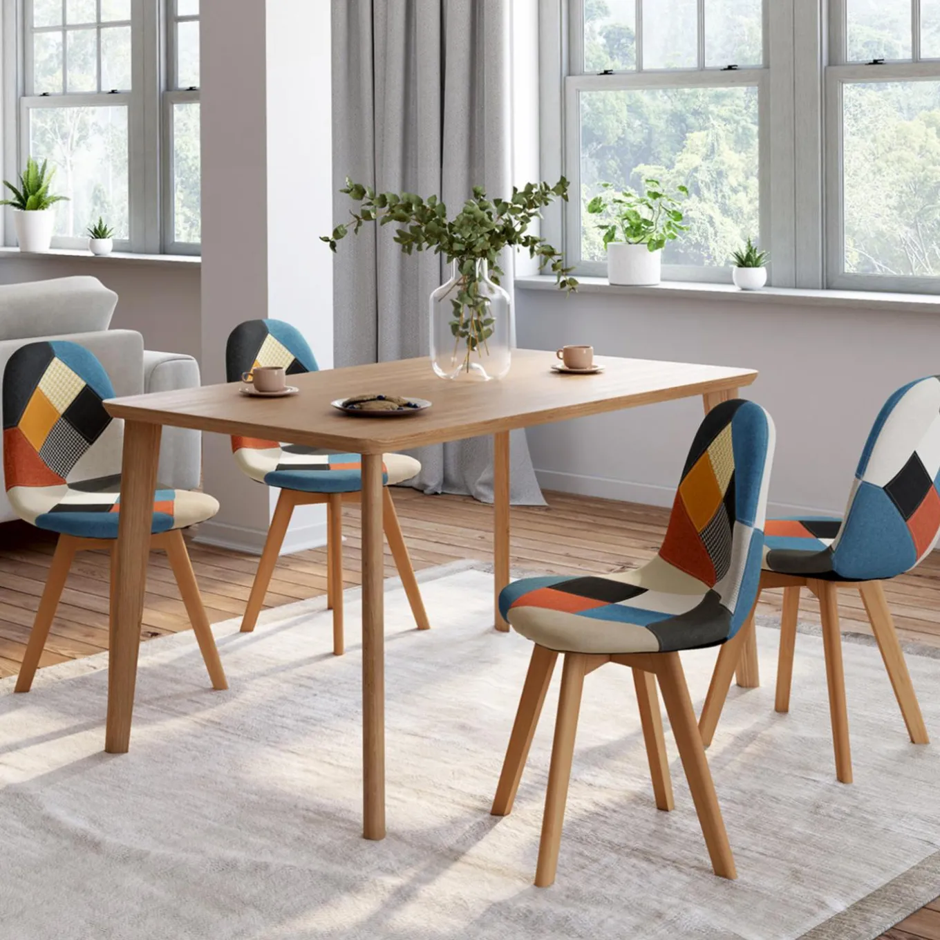IDMarket Lot de 4 chaises scandinaves patchwork multicolore* Collection Scandinave|Salle À Manger Complète
