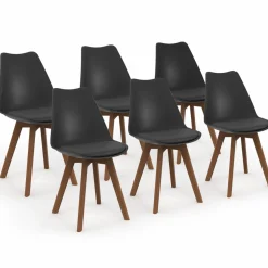 IDMarket Lot de 6 chaises scandinaves noires avec coussin* Collection Scandinave|Salle À Manger Complète