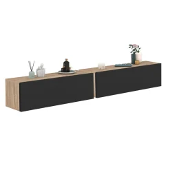 IDMarket Lot de 2 consoles étagères suspendues couleur bois et porte noir* Consoles