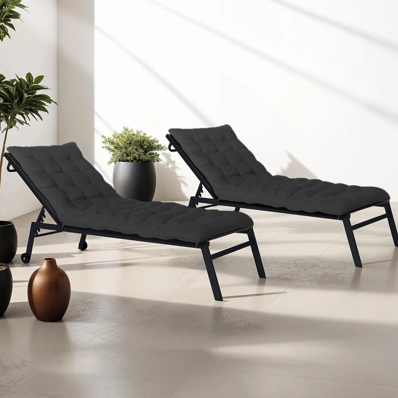 IDMarket Lot de 2 coussins de transat noirs universels 180 cm* Fauteuils De Jardin|Bains De Soleil