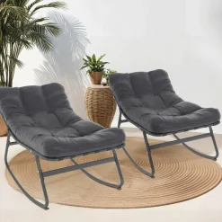 IDMarket Lot de 2 fauteuils de jardin à bascule métal gris anthracite avec coussins* Fauteuils De Jardin|Salons De Jardin
