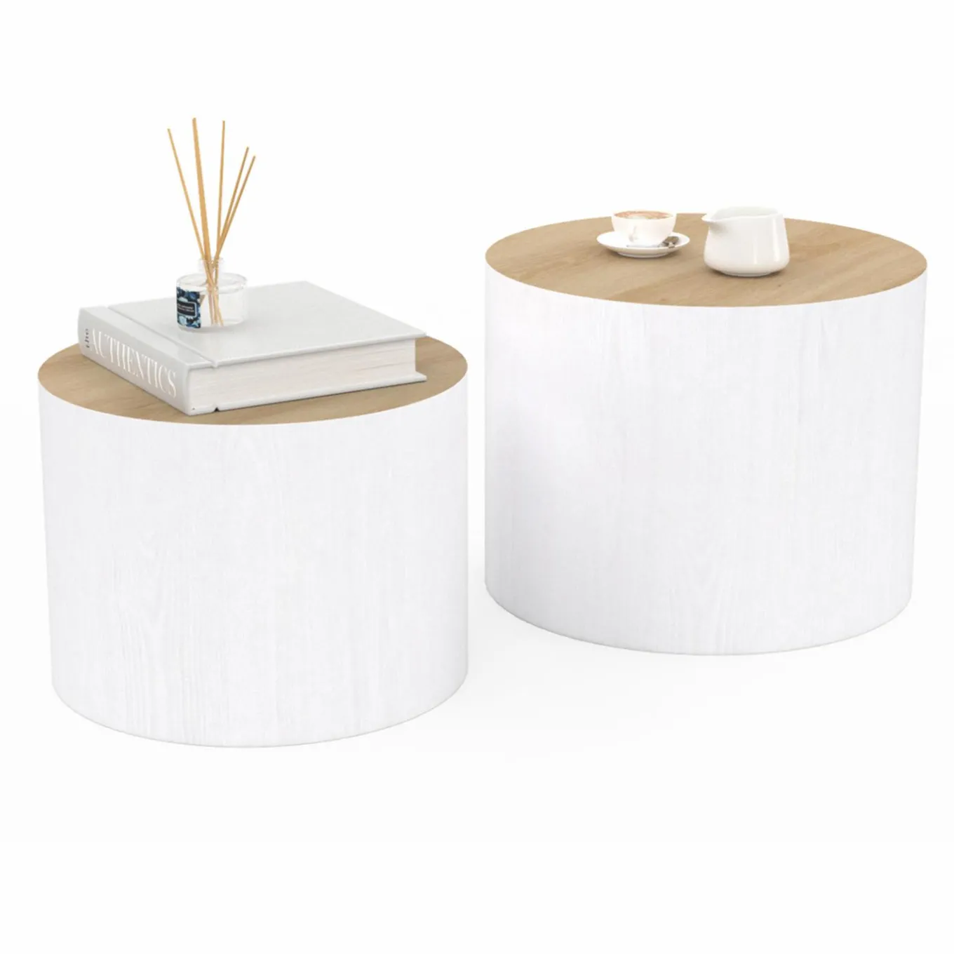 IDMarket Lot de 2 tables basses cylindres gigognes bois et blanc* Tables Basses|Collection Moderne
