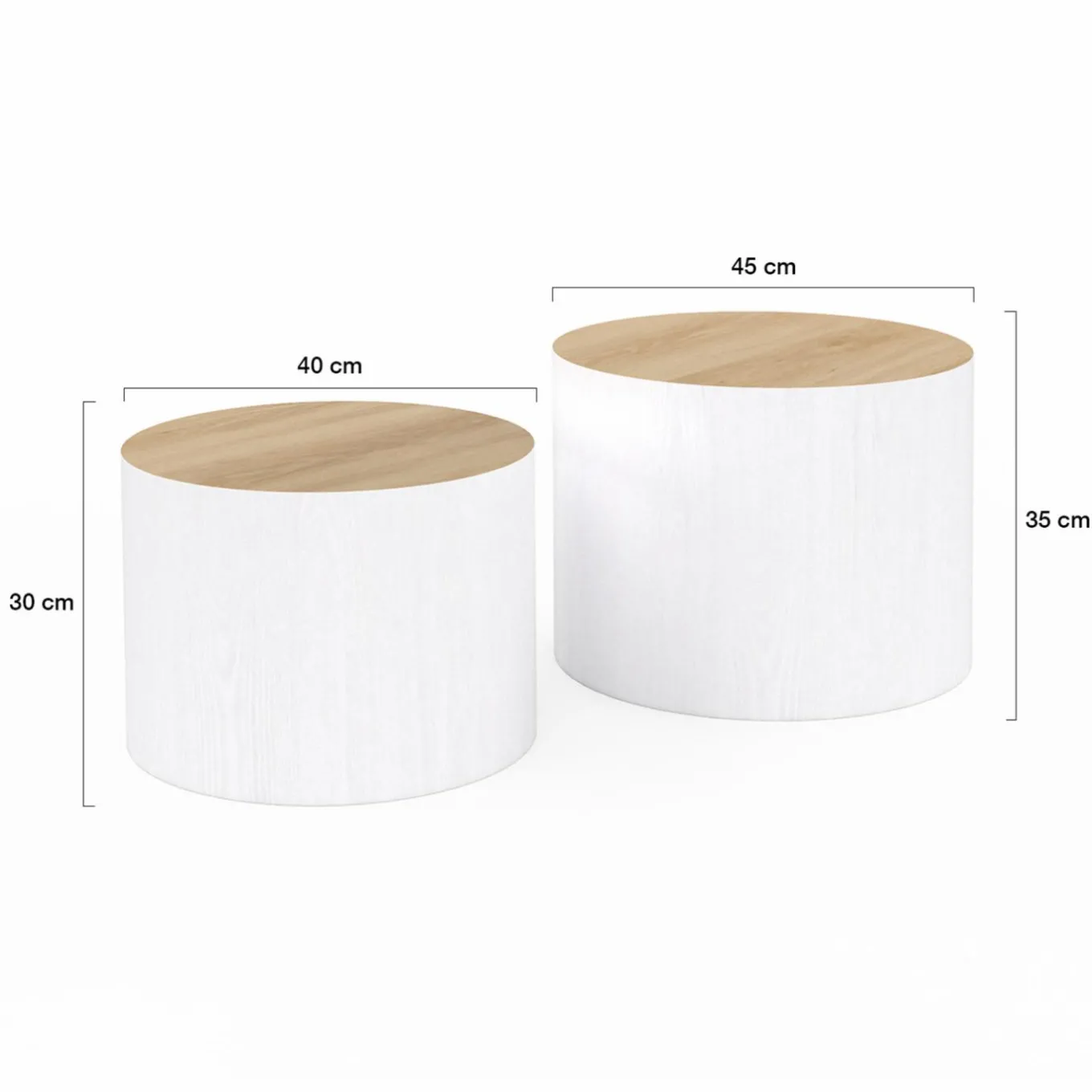IDMarket Lot de 2 tables basses cylindres gigognes bois et blanc* Tables Basses|Collection Moderne