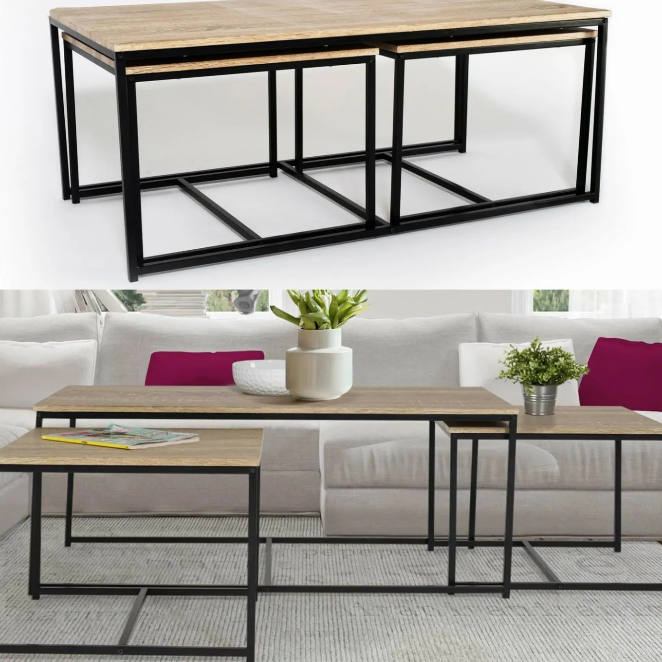 IDMarket Lot de 3 tables basses de salon gigognes industrielles* Collection Industrielle|Salon Complet