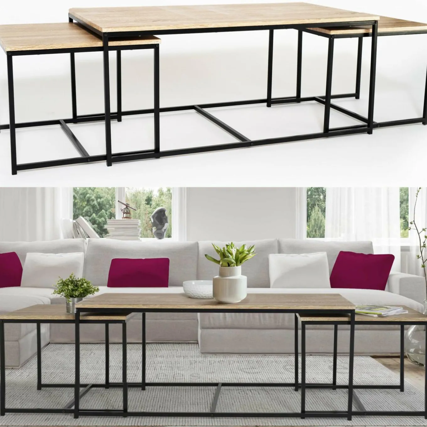 IDMarket Lot de 3 tables basses de salon gigognes industrielles* Collection Industrielle|Salon Complet