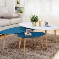 IDMarket Lot de 3 tables basses de salon gigognes scandinaves laquées blanches et bleues* Tables Basses