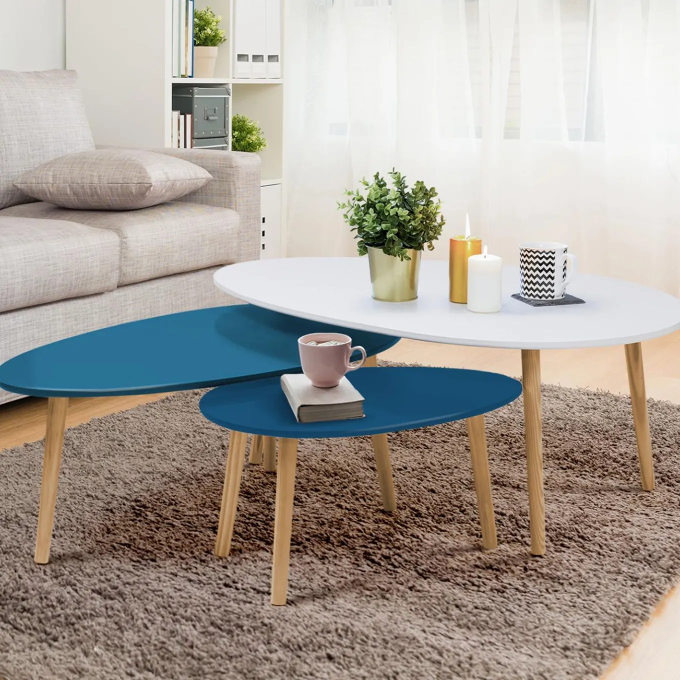 IDMarket Lot de 3 tables basses de salon gigognes scandinaves laquées blanches et bleues* Tables Basses