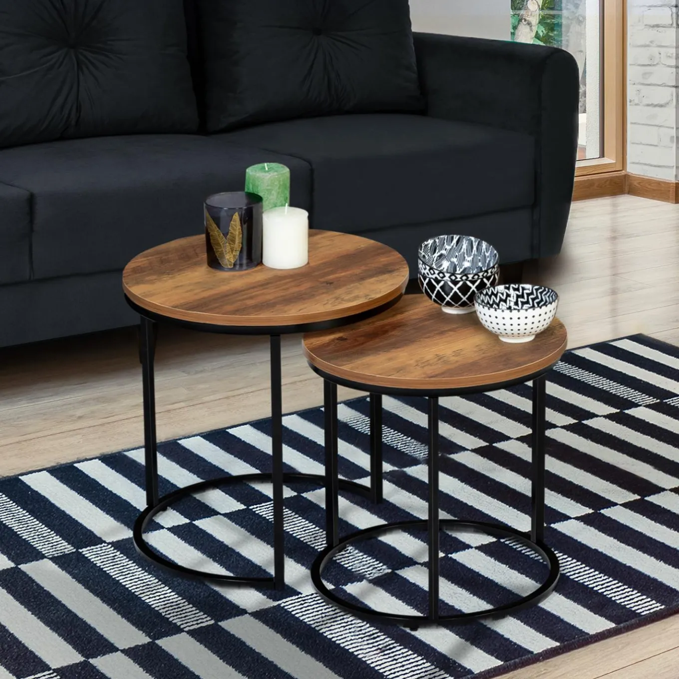 IDMarket Lot de 2 tables basses gigognes rondes style industriel bois foncé* Meubles En Bois|Collection Industrielle