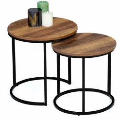 IDMarket Lot de 2 tables basses gigognes rondes style industriel bois foncé* Meubles En Bois|Collection Industrielle