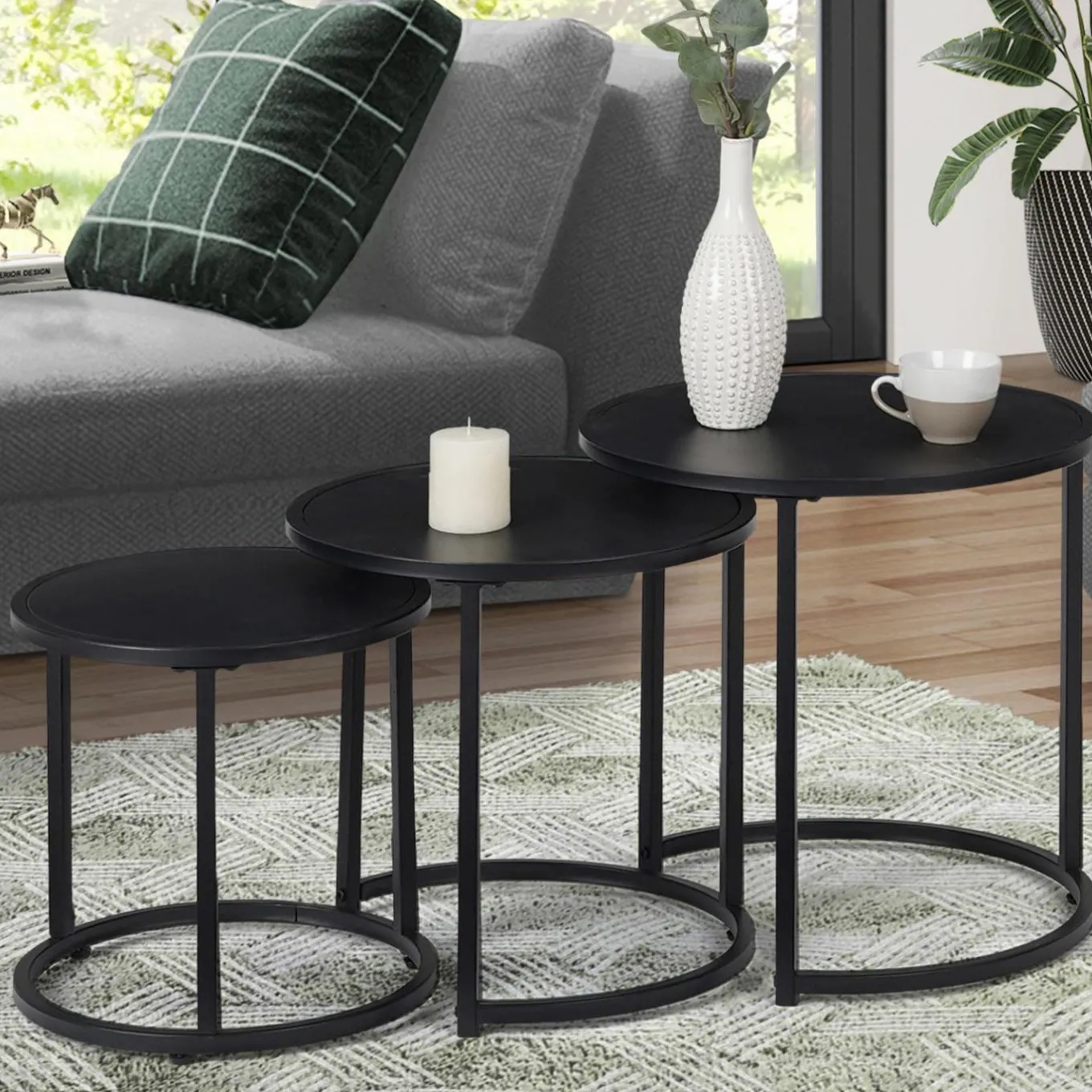 IDMarket Lot de 3 tables basses gigognes rondes 35/40/45 style industriel en métal noir mat* Collection Métal|Tables Basses