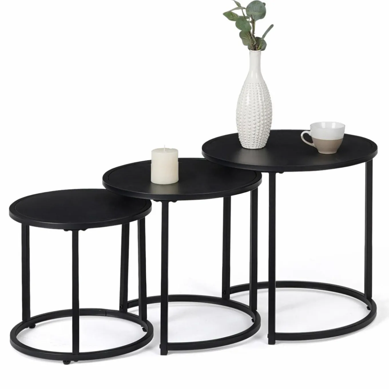 IDMarket Lot de 3 tables basses gigognes rondes 35/40/45 style industriel en métal noir mat* Collection Métal|Tables Basses