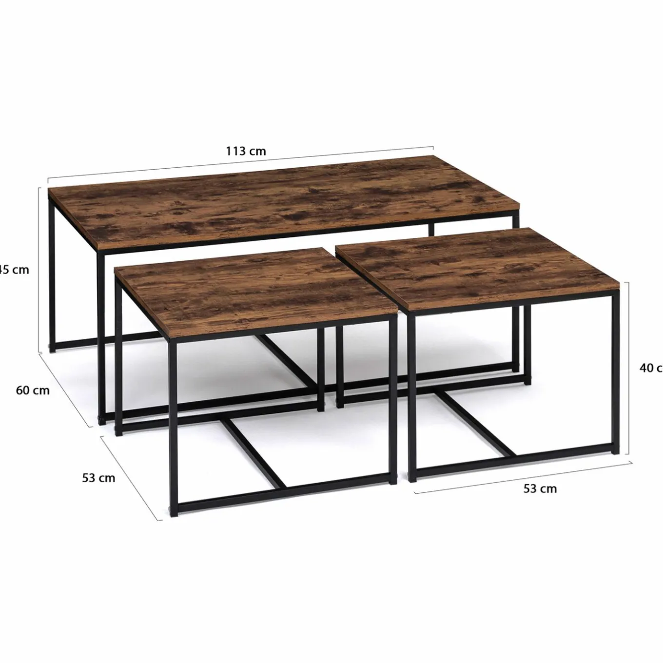 IDMarket Lot de 3 tables basses gigognes industrielles effet bois vieilli* Collection Vintage|Collection Industrielle