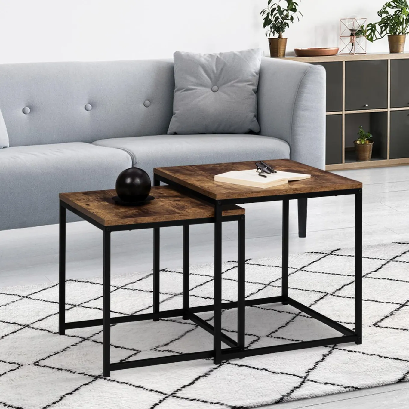 IDMarket Lot de 2 tables basses gigognes industrielles effet bois vieilli* Collection Vintage|Collection Industrielle