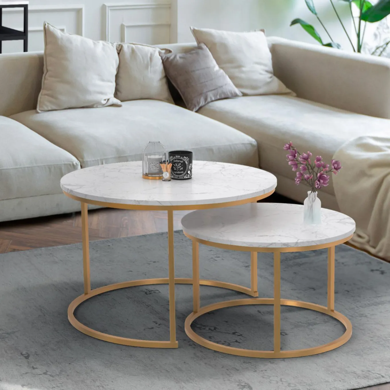 IDMarket Lot de 2 tables basses gigognes rondes effet marbre et doré* Collection Design|Salon Complet